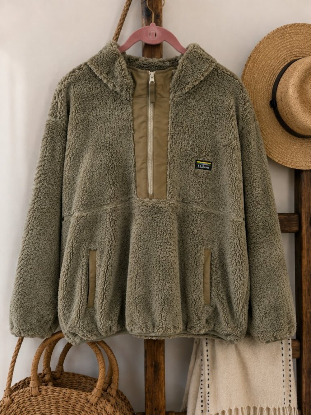 L.L.Bean Mountain Pile Fleece 1/4 Zip Pullover XL Teddy Sherpa Jacket Tan